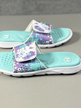 Girls UNDER ARMOUR Teal & Purple Slides Shoes Size 3Y